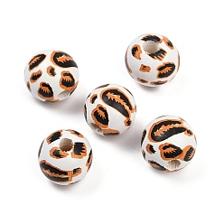 Leopard Окрашенные деревянные европейские бусы, бусины с большим отверстием, круглые, белые, леопард, 15.5 мм, отверстие : 4~4.5 мм