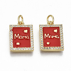 Roja Colgantes de circonita cúbica transparente con micro pavé de latón bañado en oro de 16 k real, con anillas y esmalte, para el día de la madre, sin níquel, rectángulo con la palabra mamá, rojo, 16.5x11.5x2 mm, anillo de salto: 5x0.8 mm, 3.4 mm de diámetro interior