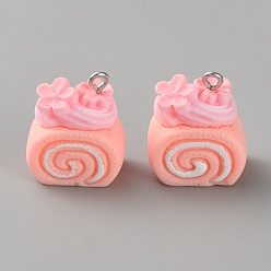 Pink Непрозрачные подвески смолы, рулет из торта, с платиново-железными петлями, розовые, 21x18.5x12.5 мм, отверстие : 2 мм