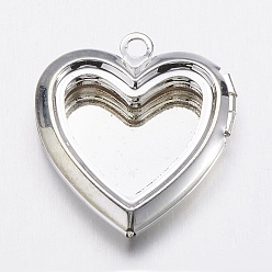 Argent Pendentifs médaillon en laiton, cœur, couleur argent plaqué, 25x23x5mm, Trou: 1.5mm