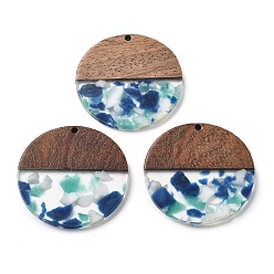 Прозрачный Подвески из смолы и ореха, плоско-круглые, прозрачные, 38x2.5 мм, отверстие : 2 мм