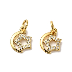 Golden Rack Plating Brass Micro Pave Cubic Zirconia Pendants, with Jump Ring, Long-Lasting Plated, Lead Free & Cadmium Free, Moon with Star Charm, Golden, 11x9x2mm, Hole: 3mm