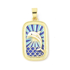 Белый Латунь эмаль подвески, долговечный, без кадмия и без свинца, стойки покрытие, реальный 18 k позолоченный, прямоугольник с подвеской в виде дельфина, белые, 28x16x4 мм, отверстие : 3x6 мм