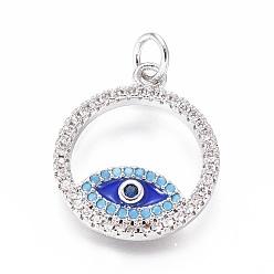Platinum Brass Micro Pave Cubic Zirconia Pendants, with Enamel and Jump Ring, Ring with Evil Eye, Colorful, Platinum, 18.5x16x2mm, Hole: 3mm