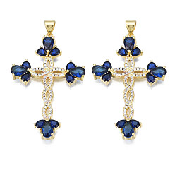 Dark Blue Brass Micro Pave Cubic Zirconia Pendants, with Brass Snap on Bails, Real 18K Gold Plated, Nickel Free, Cross, Dark Blue, 42x27.5x5mm, Hole: 3x5mm