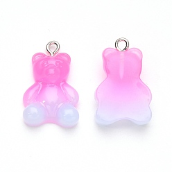 Deep Pink Gradient Color Opaque Resin Pendants, with Glitter Powder and Platinum Tone Iron Peg Bails, Bear, Deep Pink, 23.5x15x6.5mm, Hole: 1.8mm