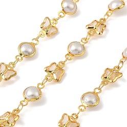 Настоящее золото 18K Латунные цепные цепи, с имитацией жемчуга из АБС и стеклом, несварные, без кадмия, без никеля и без свинца, с катушкой, бабочка, реальный 18 k позолоченный, 13x6.5x4 мм, около 32.81 футов (10 м) / рулон