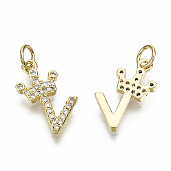 Letter V Brass Micro Pave Clear Cubic Zirconia Pendants, with Jump Ring, Nickel Free, Letter, Golden, 16~17.5x8.5~14x2mm, Jump Ring: 5x0.8mm, Inner Diameter: 3mm