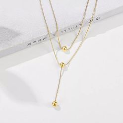 Настоящее золото 18K 304 двухслойные ожерелья из нержавеющей стали с круглыми шариками для женщин, реальный 18 k позолоченный, 13.78~15.75 дюйм (35~40 см)