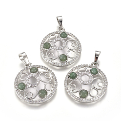 Green Aventurine Natural Green Aventurine Pendants, with Platinum Tone Brass Findings and Crystal Rhinestone, Flat Round, 29x25.5x4.5mm, Hole: 4.5x8mm