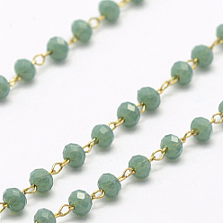 Темный Голубой Ручной цепи стекло бисером, пайки, с катушкой, с необработанной (без покрытия) латунной фурнитурой, без никеля , граненые, рондель, темные голубые, 2.5~3 мм, около 32.8 футов (10 м) / рулон