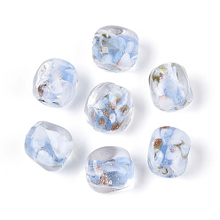 Светлый Стально-синий Бусины ручной работы бусины золотого песка, кубовидной с цветком, с фарфором, светло-стальной синий, 12~13x10~11x10~11 мм, отверстие : 1.2~1.5 мм