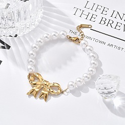 Настоящее золото 18K Ионное покрытие (IP) 304 браслеты из нержавеющей стали для женщин, с пластиковой жемчужины, бантом, реальный 18 k позолоченный, 7-1/8 дюйм (18 см)