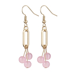 Pink Imitation Jade Glass Dangle Earrings, with 304 Stainless Steel Earring Hooks, Pink, 53mm