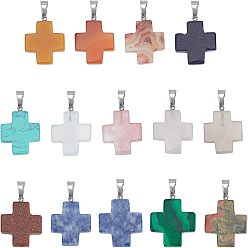 Mixed Stone Natural & Synthetic Mixed Gemstone Pendants, with Stainless Steel Snap On Bails, Cross, 24~25x20~21x5~6mm, Hole: 6x4mm, 14 materials, 1pc/material, 14pcs/box