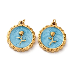 Небесно-голубой 304 нержавеющей стальной эмали подвески, плоская круглая с подвеской в виде цветка, с целью перехода в кольце, ионное покрытие (ip), реальный 18 k позолоченный, голубой, 18x16x3.5 мм, отверстие : 2.5 мм