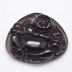 Schwarz Natur Eiskristall Obsidian Carven Anhänger, Buddha, Schwarz, 43x50x15 mm, Bohrung: 1.5 mm