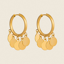 Real 18K Gold Plated 304 Stainless Steel Hoop Dangle Earrings for Women, Round, Tassel Earrings, Real 18K Gold Plated, 31.8x16x2.5mm