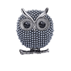 Черный Цвет Металла Сплава брошь, с пластиковой имитационной жемчужиной, сова, металлический черный , 39x33 мм