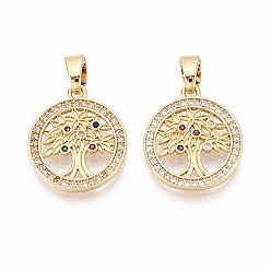 Настоящее золото 16K Латунные микро проложить кубического циркония подвески, плоские круглые с дерева жизни, реальный 16 k позолоченный, 18.5x16x2 мм, отверстие : 2.5x6 мм