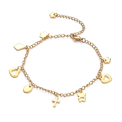 Golden 304 Stainless Steel Charm Anklets, with Curb Chains and Lobster Claw Clasps, Golden, 9-1/4 inch(23.6cm)