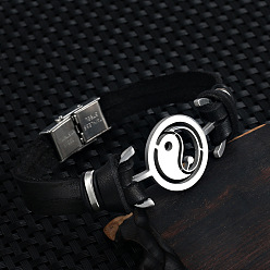 Черный Браслет из нержавеющей стали Инь Ян с кожаными шнурками, чёрные, 7-7/8 дюйм (20 см)