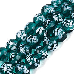 Teal Handmade Lampwork Beads Strands, Speckled Round, Teal, 7.5~9mm, Hole: 0.8~1.4mm, about 45~46pcs/strand, 12.60~13.58 inch(32~34.5cm)