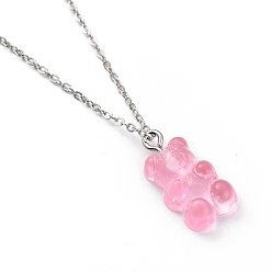 Pearl Pink Bear Resin Pendant Necklaces, with Platinum Plated Brass Cable Chains, Pearl Pink, 18.11 inch(46cm)
