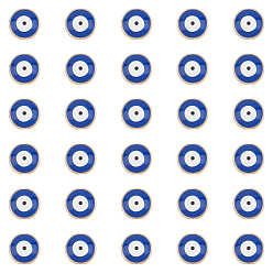 Blue Alloy Enamel Beads, Flat Round with Evil Eye, Light Gold, Blue, 10x6mm, Hole: 1.2mm, 50pcs/Box
