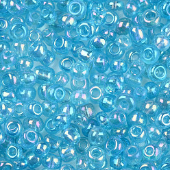 Deep Sky Blue Round Glass Seed Beads, Transparent Colours Rainbow, Round, Deep Sky Blue, 2mm