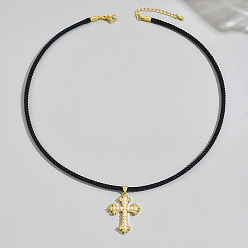 Золотой Мужские ожерелья с подвеской-крестом из латуни и искусственного жемчуга на черном шнуре, белые, золотые, 17.72 дюйм (45 см)