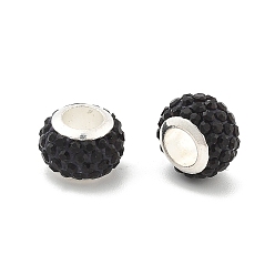 Черный Рондель полимерная глина европейские бусины, бусины с большим отверстием, с сердцевиной из горного хрусталя и сплава, чёрные, 11.5x7.5 мм, отверстие : 5 мм