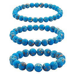Steel Blue 3Pcs 3 Size Synthetic Imperial Jasper Round Beaded Stretch Bracelets Set, Gemstone Jewelry for Women, Steel Blue, Inner Diameter: 2-1/8 inch(5.5cm), Beads: 6~10mm, 1Pc/size