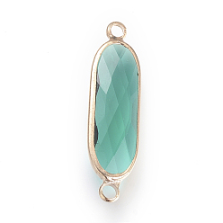 Светлый Морско-зеленый Соединители стеклянные ссылки, с латунной фурнитурой , граненые, овальные, светло-зеленый, 31.5x8.5x4.5 мм, отверстие : 2.5 мм