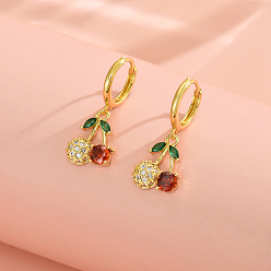 Золотой Серьги-кольца с вишней из латуни и кубическим цирконием, золотые, 31x12 мм