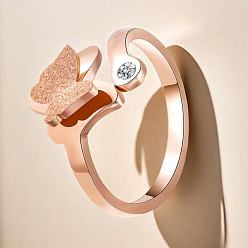 Розовое Золото Простые кольца из нержавеющей стали со стразами, бабочка, розовое золото , размер США 8 (18.1 мм)
