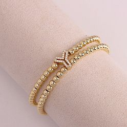 Letter Y Браслеты из латуни с микропаве из прозрачных кубических циркониевых бусин, двойные нити, эластичные, для женщин, буква и круг, золотые, Письмо Y, 6.69 дюйм (17 см)