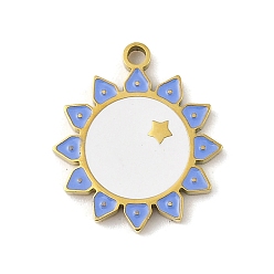 Настоящее золото 18K 304 нержавеющей стальной эмали подвески, лазерная резка, солнце со звездным шармом, реальный 18 k позолоченный, 17x14.5x1.5 мм, отверстие : 1.5 мм