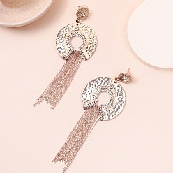 Золотой Плоские круглые серьги-гвоздики с подвеской-цепочкой из латуни со стразами и кисточками, со сплавом, золотые, 101x35.5 мм