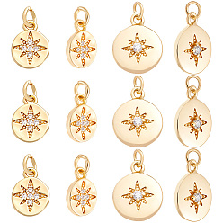 Real 18K Gold Plated 12Pcs 2 Styles Brass Micro Pave Cubic Zirconia Pendants, Flat Round with Star Charms, Long-Lasting Plated, Lead Free & Cadmium Free, Rack Plating, Real 18K Gold Plated, 10x7x1.5mm, Hole: 2.5mm