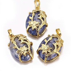 (306FM) Жонкиль матовый с лаймовой подкладкой Натуральные синие пятна яшмы подвески, с фурнитурой латунной золотого тона, овальные с цветком, 32x20x9 мм, отверстие : 5x8 мм