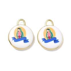 Royal Blue Printed Brass Pendants, Flat Round & Virgin Mary Pattern Charms, Rack Plating, Long-Lasting Plated, Lead Free & Cadmium Free, Real 18K Gold Plated, Royal Blue, 21.5x17x4mm, Hole: 4x3mm
