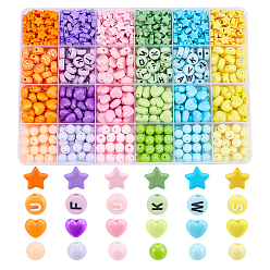 Mixed Color 840Pcs 4 Style Opaque Acrylic Beads, Flat Round & Round & Heart & Star, Mixed Color, about 840pcs/box