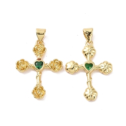 Зеленый Крест с цветком, латунь, микропаве, кубический цирконий, подвески, без кадмия, без никеля и без свинца, реальный 18 k позолоченный, зелёные, 25.5x18.5x3 мм, отверстие : 3.5x5 мм