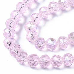 Pink Electroplate Glass Beads Strands, AB Color Plated, Faceted, Rondelle, Pink, 6x5mm, Hole: 1mm, about 85~88pcs/strand, 16.1~16.5 inch(41~42cm)