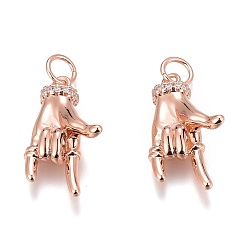 Розовый Позолоченный Латунные микропаве прозрачные подвески с фианитом, долговечный, рок под рукой geseute, Настоящее розовое золото покрыто, 20x13x7.5 мм, отверстие : 3 мм