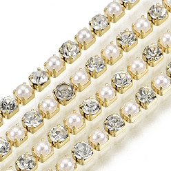 Crystal Brass Rhinestone Strass Chains, with ABS Plastic Imitation Pearl, Rhinestone Cup Chain, Grade A, Raw(Unplated), Crystal, 2x2mm, 4000pcs rhinestone/bundle, about 32.8 Feet(10m)/bundle