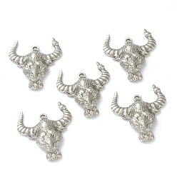 Stainless Steel Color Non-Tarnish 304 Stainless Steel Pendants, Cattle Head, Stainless Steel Color, 28x25x4.5mm, Hole: 1.6mm