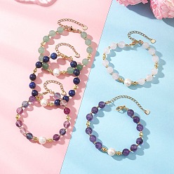 Смешанные камни Круглые браслеты из натуральных смешанных бусин для женщин, с натуральным культивированным пресноводным жемчугом, 7-1/4 дюйм (18.3 см)