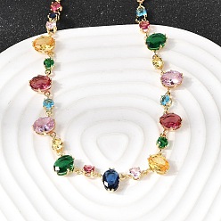 Oval Латунные геометрические звенья цепи с разноцветными кубическими циркониями, нагрудник ожерелья, реальный 18 k позолоченный, овальные и круглые плоские, 16.14 дюйм (41 см)